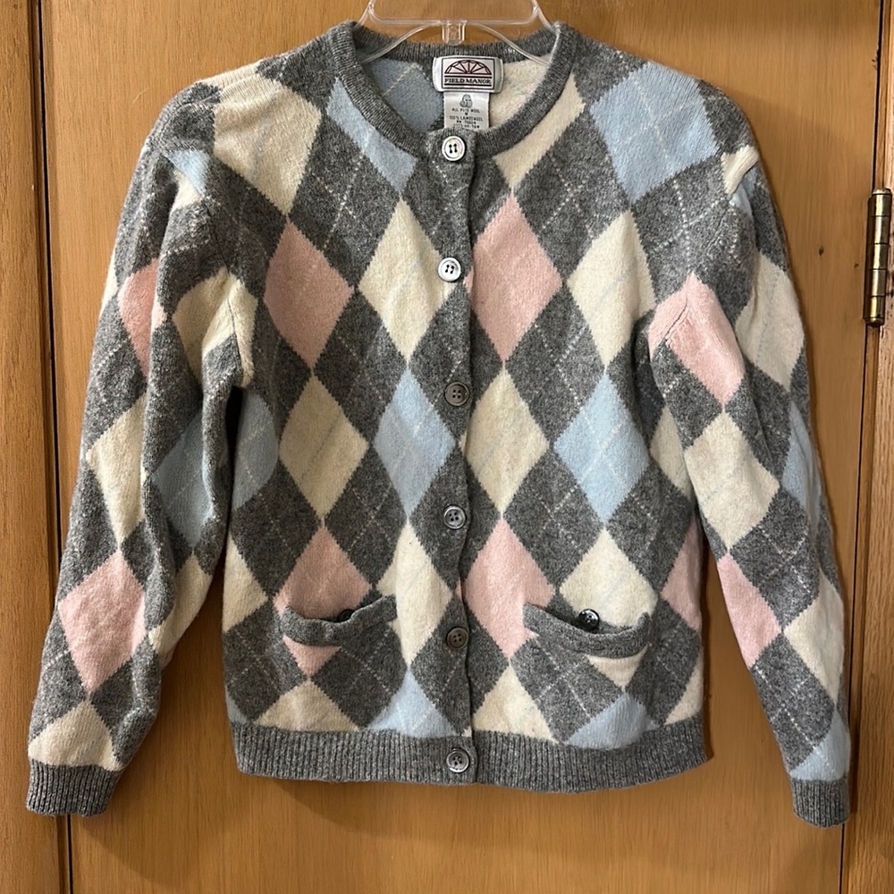 Field Manor Women’s Wool Argyle Academia Button Cardigan Down Sweater Medium